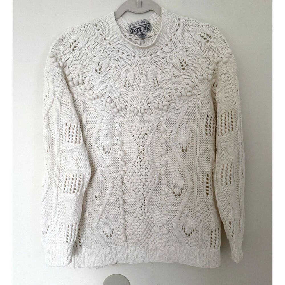 VTG Krystal Kobe Open 3D Knit Drop Shoulder Ribbed Hem Crewneck Sweater L (Stain
